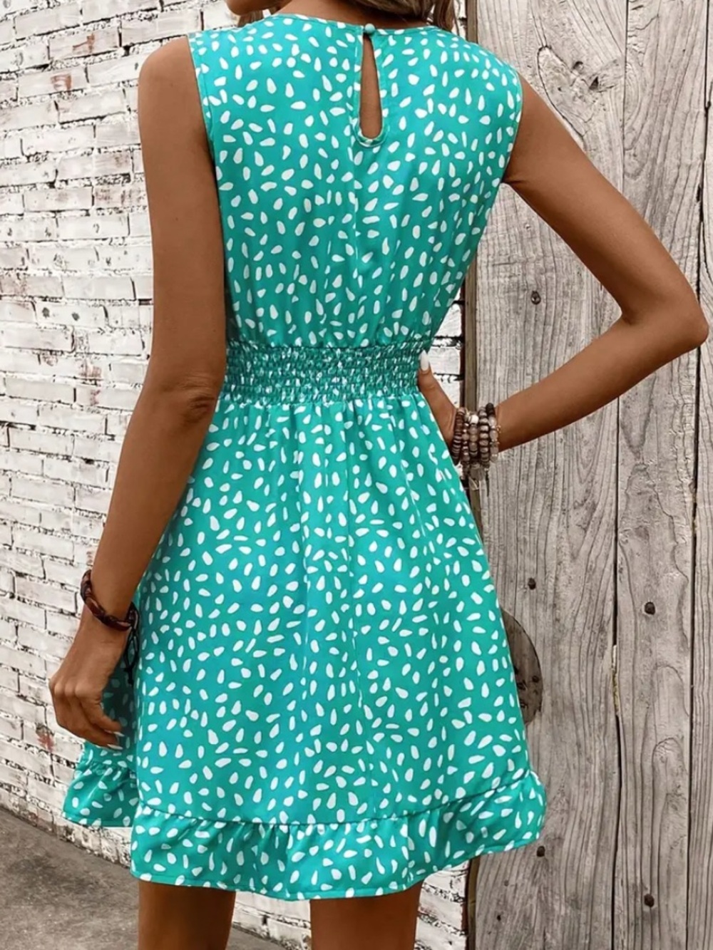 ABSTRACT DOT Teal & White Smocked-Waist Mini Dress - Picture 2 of 6